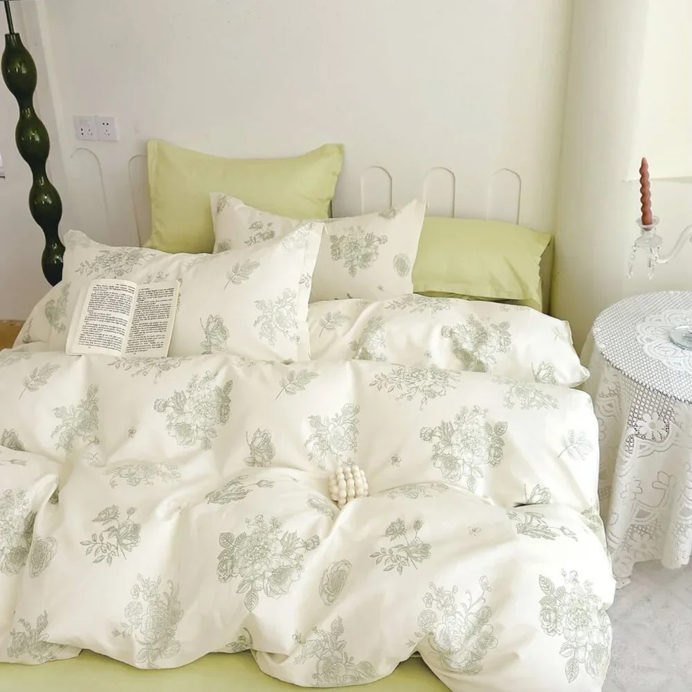 Reversible Comforter Set Green Floral Cream Botanical Cottagecore Minimalist Bed